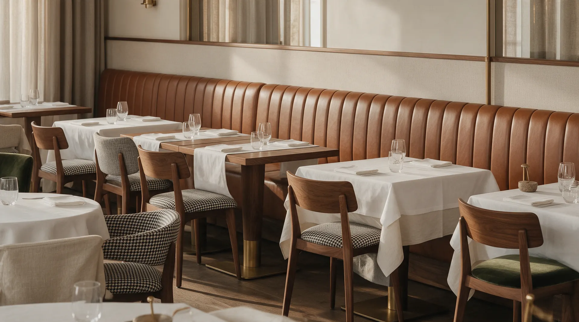 Sala di ristorante con panca imbottita in pelle cognac